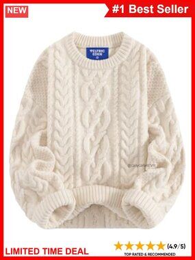 Oversized Chunky Cable Knit Crew Neck Pullover Sweater Loose Fit